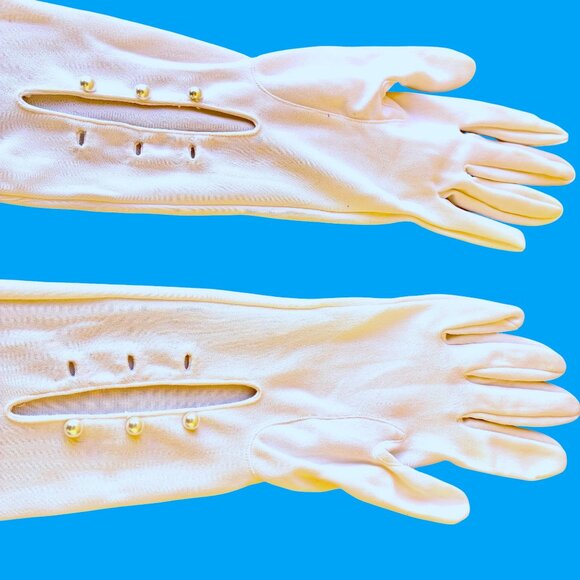 Vintage Opera Gloves White Nylon Stretch Long Formal Buttons 23" Long Size 8 - Picture 6 of 9